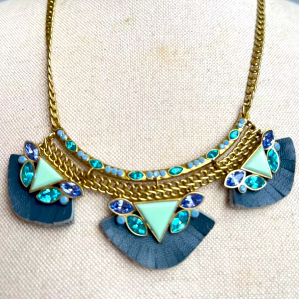 Silpada Vintage K & R Posy Fringe Bib Leather Brass Swarvoski Crystal Necklace - Picture 2 of 10